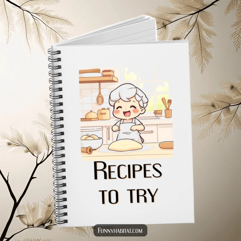Funny notebook with a joyful character happily kneading dough in a sunlit kitchen, for recipe notes.