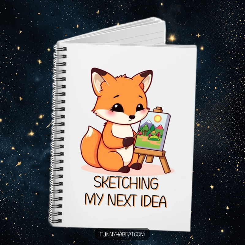 Funny fox character painting a colorful landscape on a tiny canvas, a humorous and inspiring notebook for artists.