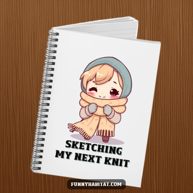 Funny notebook with a smiling character knitting a cozy scarf, ideal for jotting down patterns and inspiration.