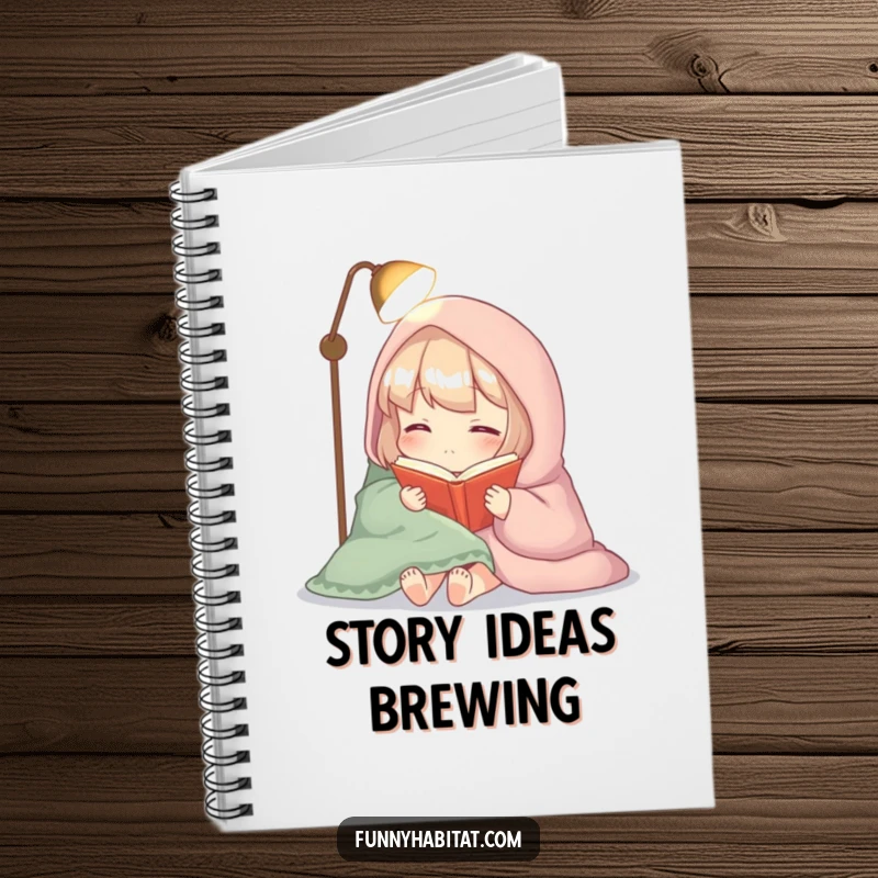 Funny notebook with a cozy character wrapped in a blanket, reading a book by soft lamplight, for journaling.