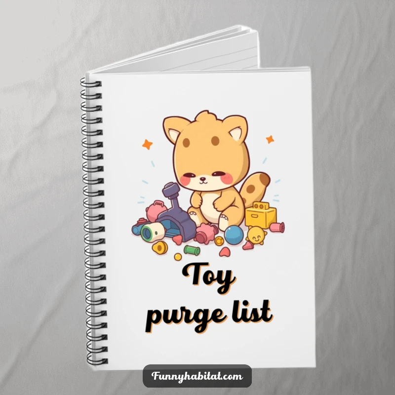 Funny notebook with an energetic animal character tidying scattered toys, great for planning and lists.