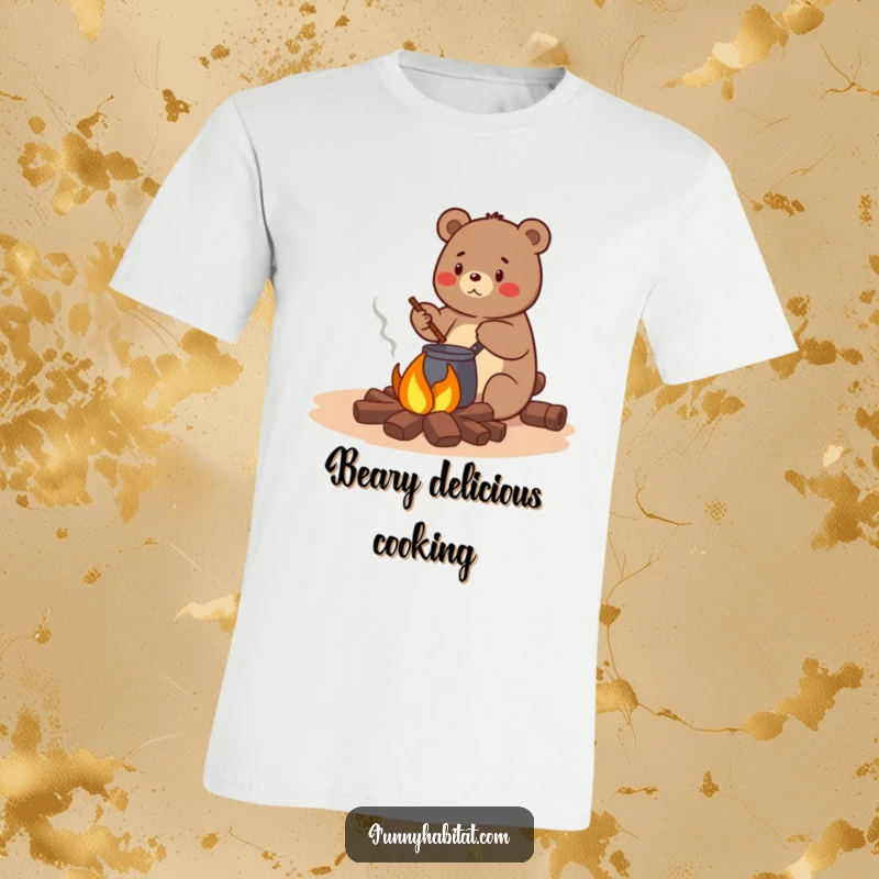 Funny bear character stirring a pot over a small campfire, a humorous and cozy t-shirt for campers and chefs.