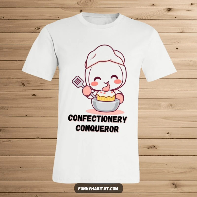 Funny Kawaii T-Shirt, a cute character wearing oven mitts smiles while baking a small cake, perfect apparel.