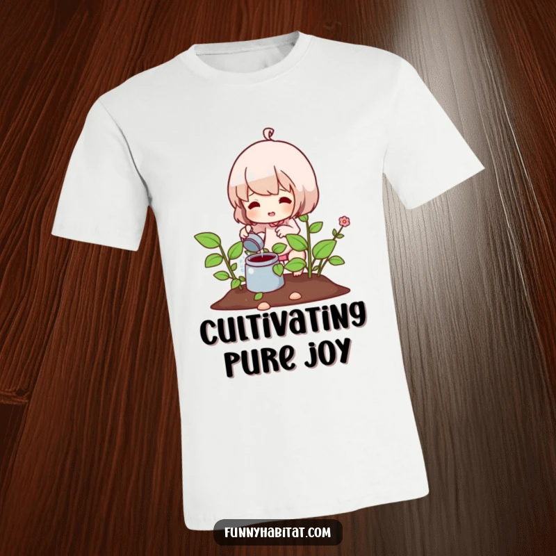 Funny t-shirt with a character happily watering a thriving plant, perfect for garden enthusiasts who love a good laugh.