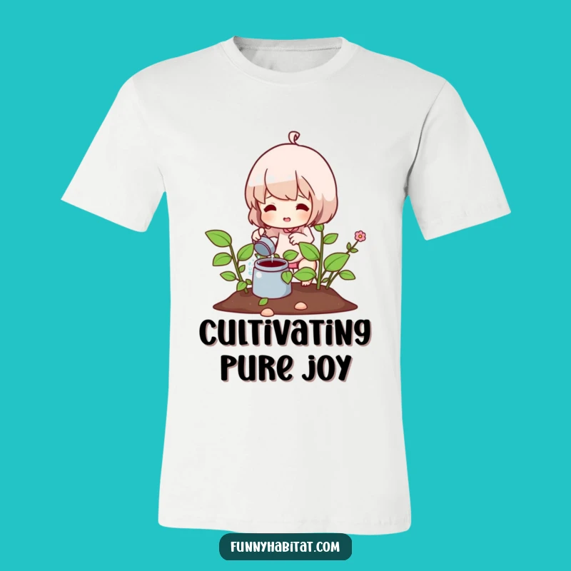 Funny Gardener T-Shirt: Happy Character Watering Plant Graphic Tee
