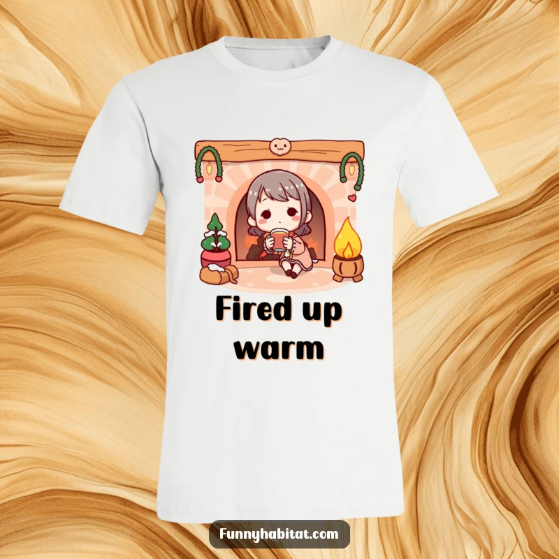 Funny T-Shirt: Whimsical character enjoying a warm drink by a cozy illustrated fireplace, celebrating comfort.