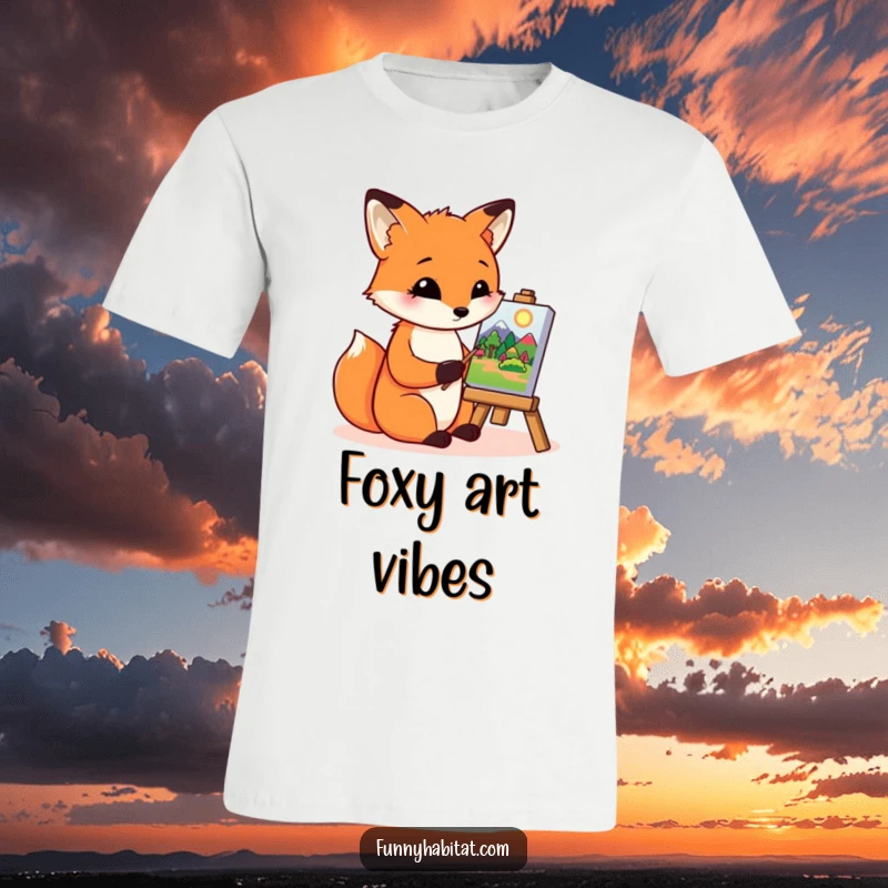 Funny fox character painting a vibrant landscape on a tiny canvas, a humorous t-shirt for aspiring artists and art lovers.
