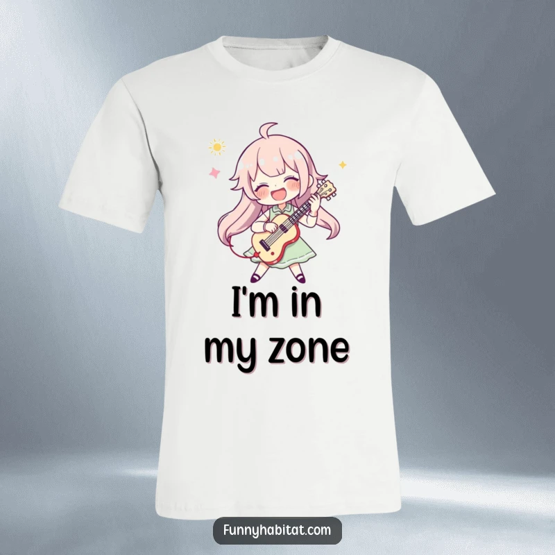 Funny t-shirt showcasing a character passionately playing a musical instrument with energetic enthusiasm and a joyful expression.