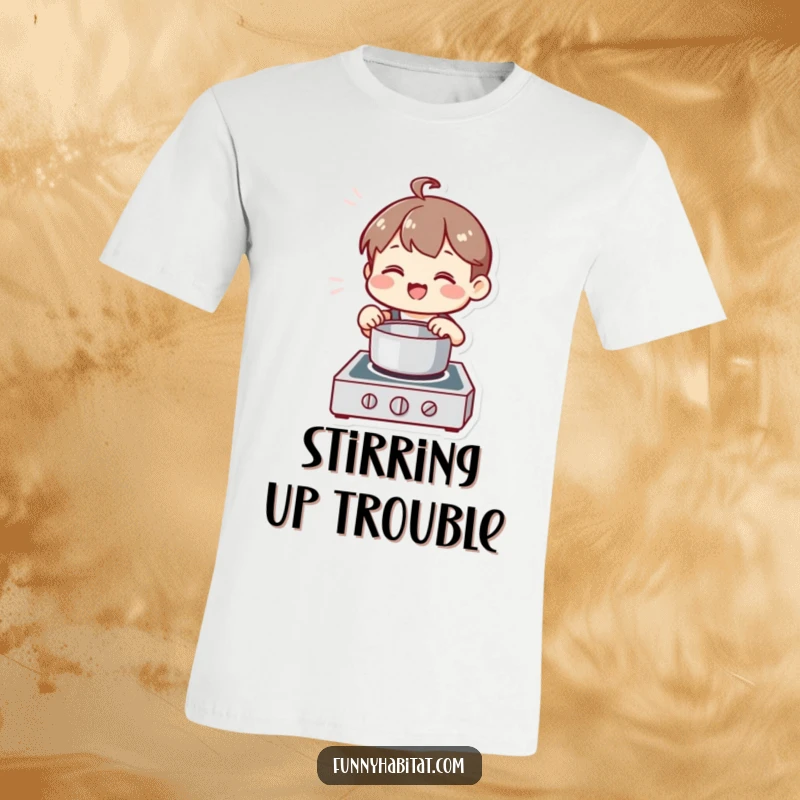 Funny Chef T-Shirt, a happy character stirs a pot on a stove, symbolizing cooking joy and humor.