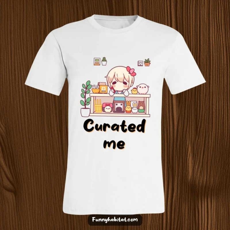 Funny t-shirt depicting a character joyfully arranging a small collection of favorite items on a display shelf.