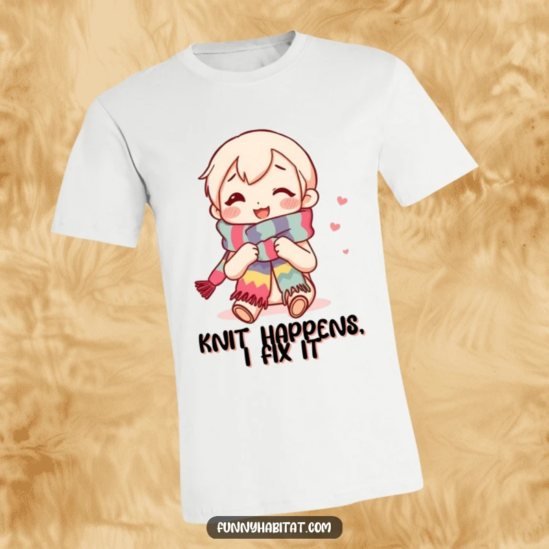 Funny t-shirt with a content, smiling character happily knitting a long, colorful scarf, celebrating the joy of textile arts.