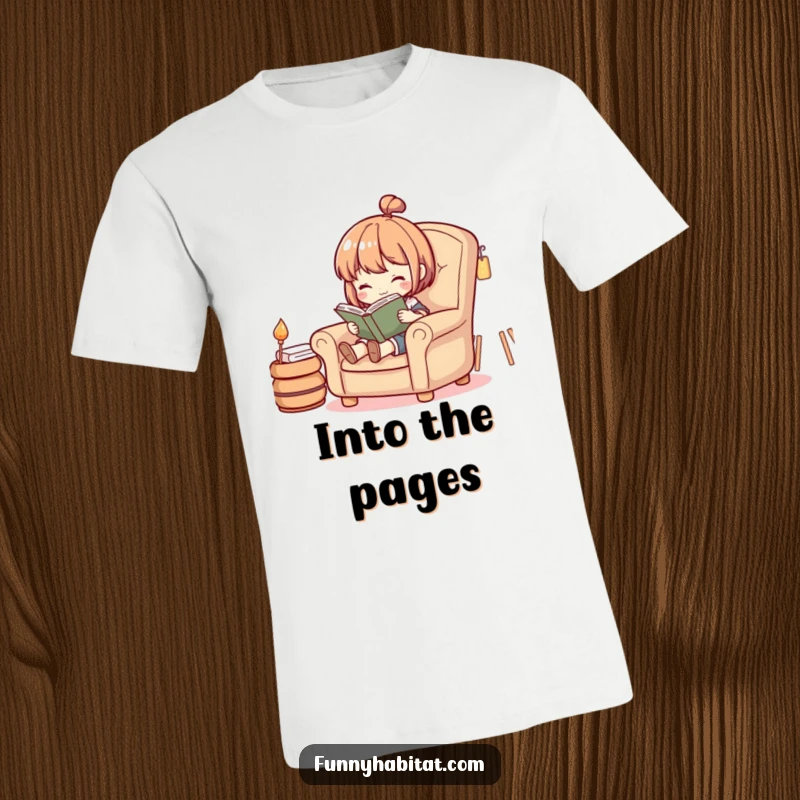 Funny t-shirt showcasing a character absorbed in reading a book while relaxing in a plush armchair, exuding comfort.