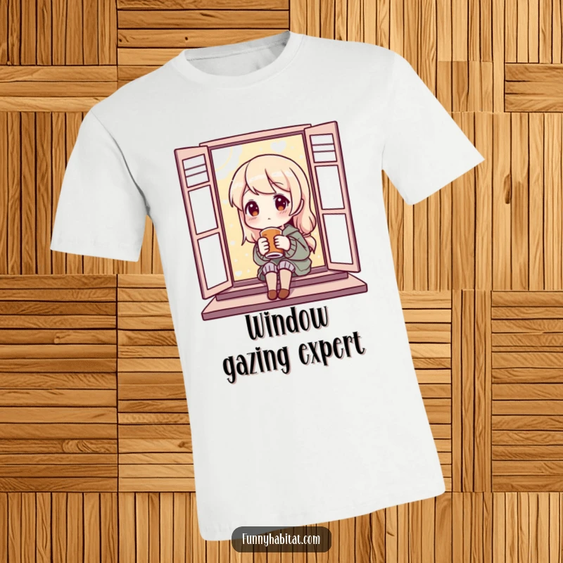 Funny T-Shirt with a content character enjoying a warm drink by a window, perfect for casual wear and embracing relaxation.