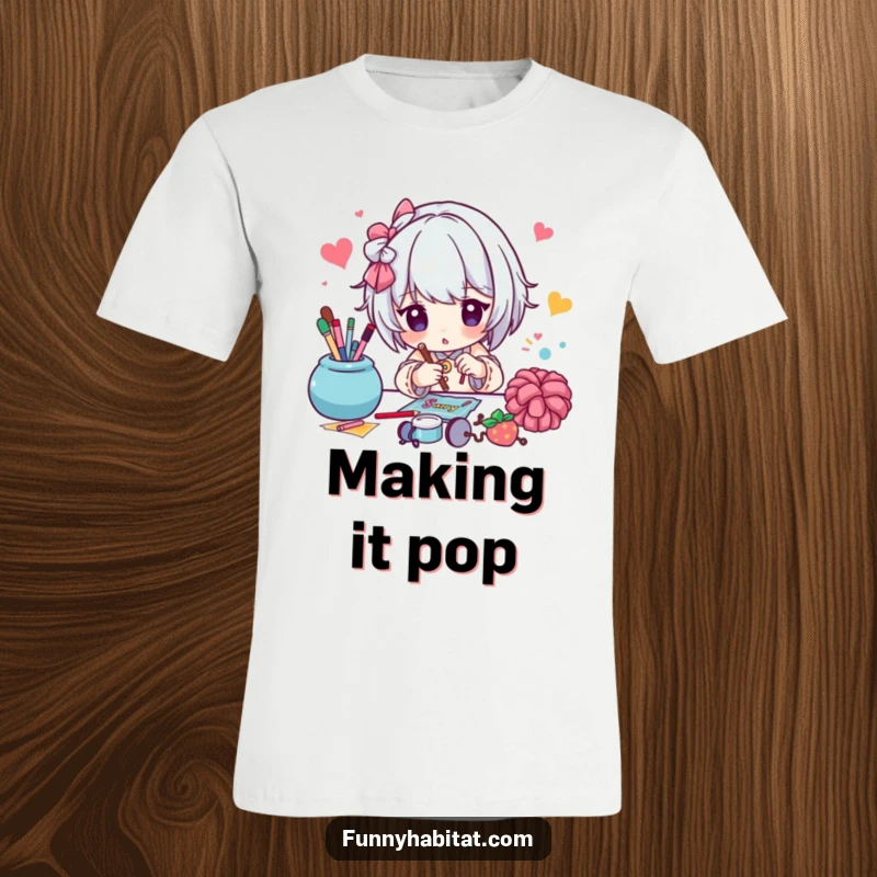 Funny t-shirt featuring a character engrossed in a colorful craft project, highlighting their dedication to handmade creations.