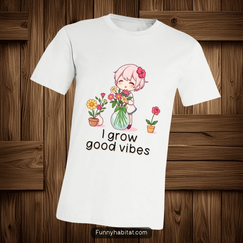 Funny T-Shirt: A character joyfully arranges colorful flowers in a vase, embodying a love for nature and cheerful design.