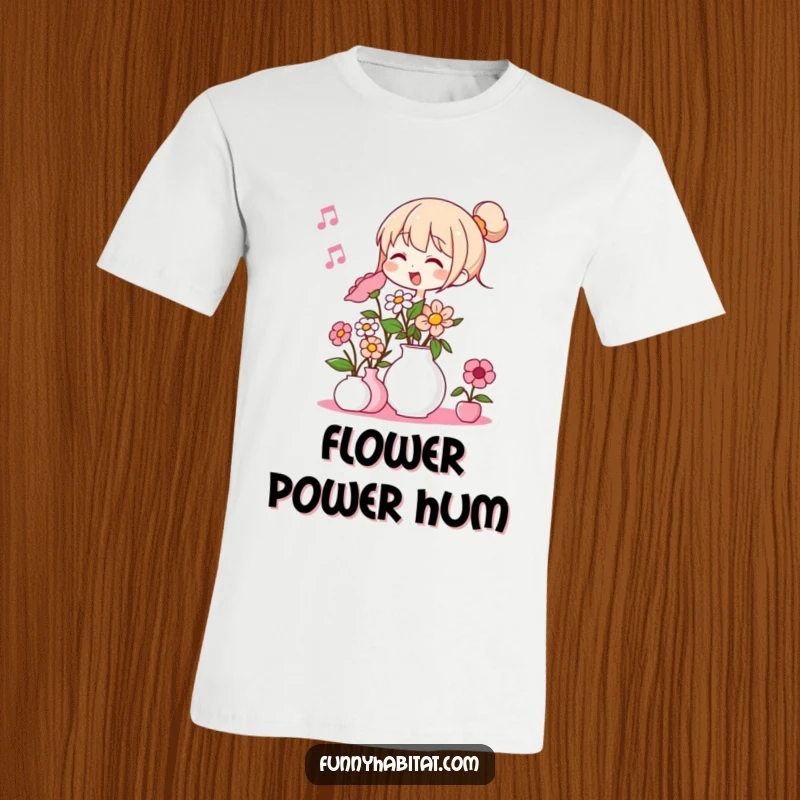 Funny t-shirt showing a character humming while arranging flowers in a vase, highlighting a peaceful and happy hobby.