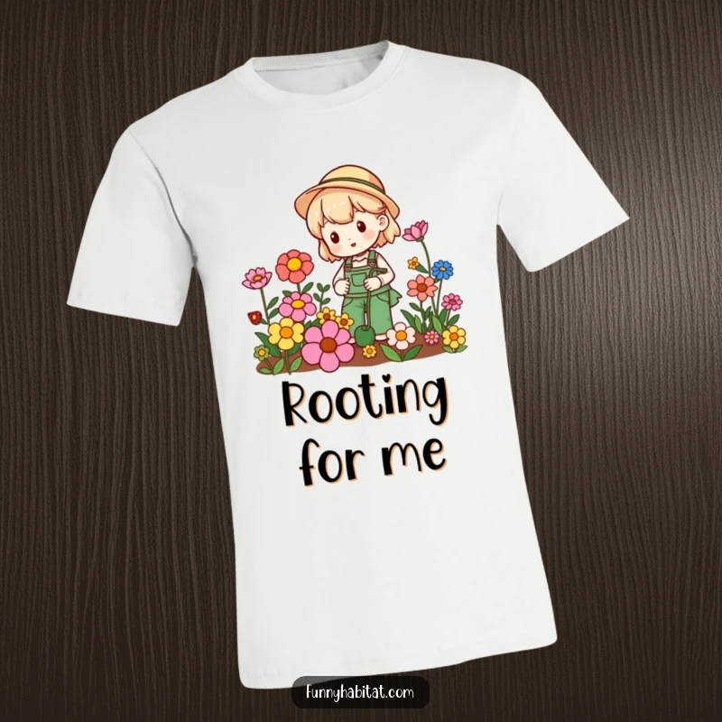 Funny gardening t-shirt with a smiling character lovingly tending to vibrant, colorful flowers in a garden bed.