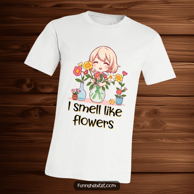 Funny t-shirt featuring a happy character joyfully arranging vibrant flowers in a vase, celebrating the art of floristry.