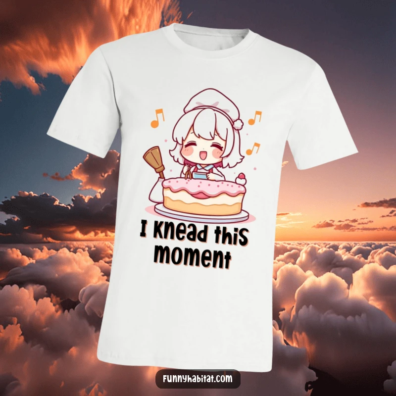 Funny t-shirt featuring a stylized character joyfully humming while baking a cake, perfect for expressing baking enthusiasm.
