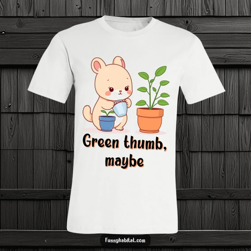 Funny t-shirt showcasing a cheerful small animal character tending to a tiny indoor plant, a humorous and delightful gift.