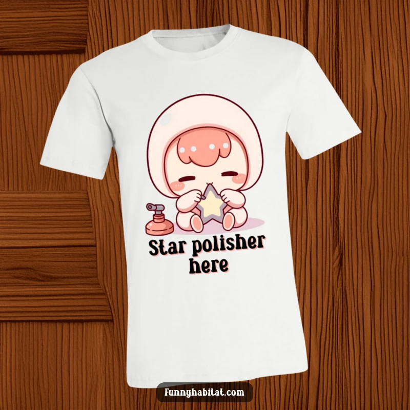 Funny Kawaii T-Shirt, a diligent character carefully polishes a small star, symbolizing dedication and humor.