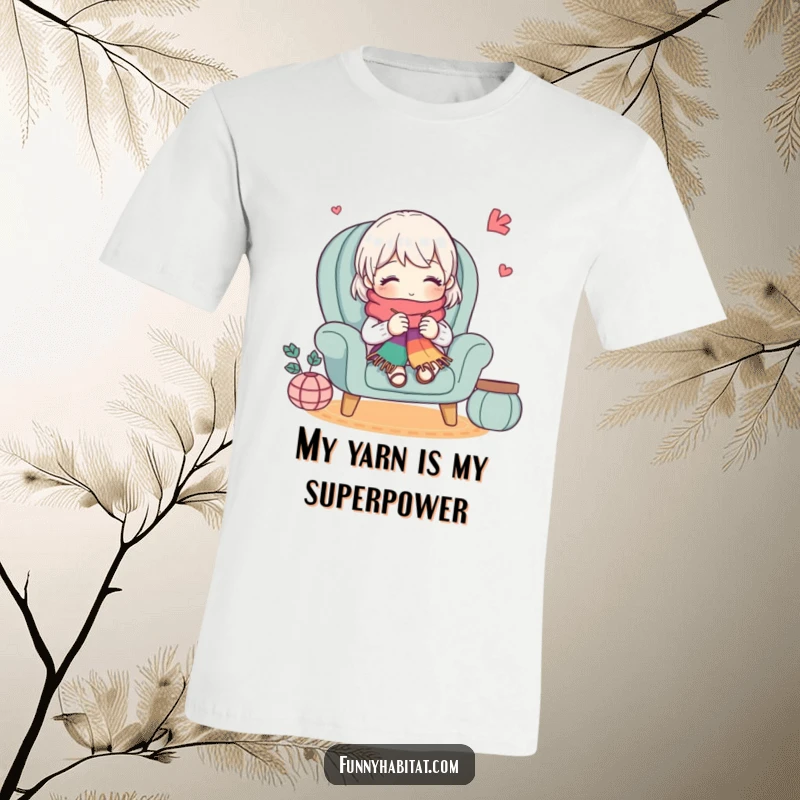 Funny T-shirt featuring a cute character knitting a vibrant scarf in a cozy armchair, perfect humorous apparel for craft lovers.