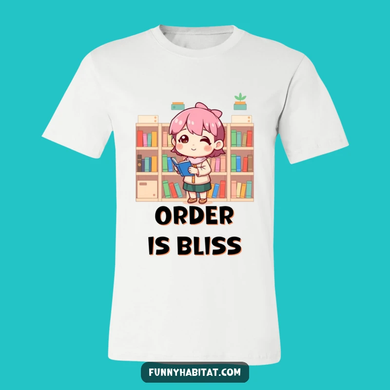 Funny Organizer T-Shirt: Character Smiles with Tiny Bookshelf Setup, Ideal Funny Gift