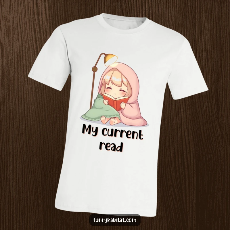 Funny t-shirt featuring a cozy character wrapped in a blanket, reading a book by soft lamplight, a reader's dream.