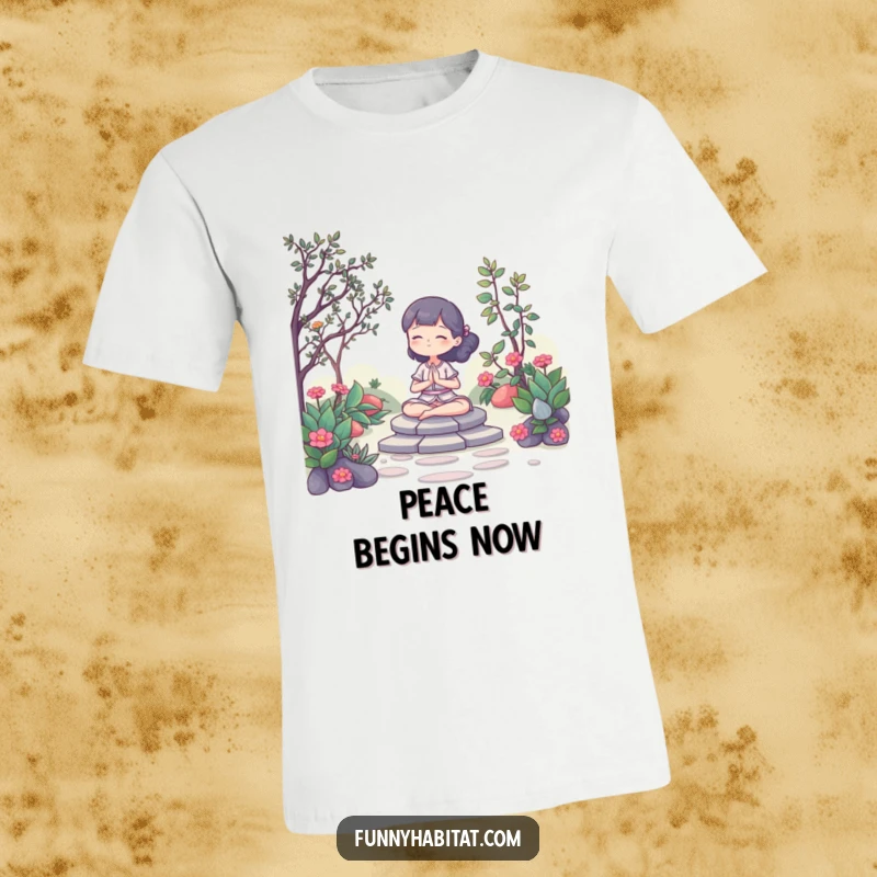 Funny T-Shirt: A character meditating peacefully in a serene garden, embodying tranquility and mindfulness. Excellent gift.