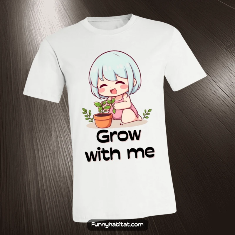 Funny t-shirt showing a cheerful character lovingly caring for a small potted plant, celebrating plant parenthood.