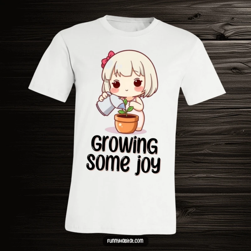 Funny plant character t-shirt, a cute character happily watering a small plant, representing love for nature and gardening.
