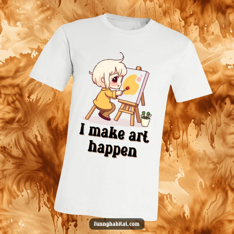 Funny T-Shirt: A cheerful character with a brush happily paints a miniature canvas, embodying artistic passion and delight.
