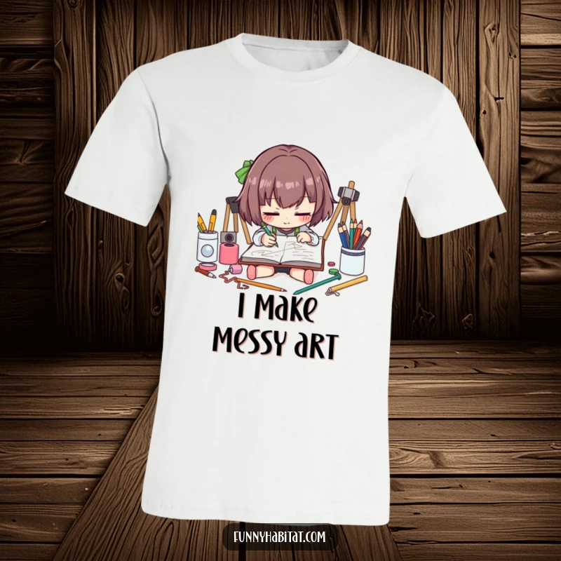 Funny artist t-shirt depicting a character engrossed in sketching, surrounded by art supplies, celebrating artistic expression and creativity.