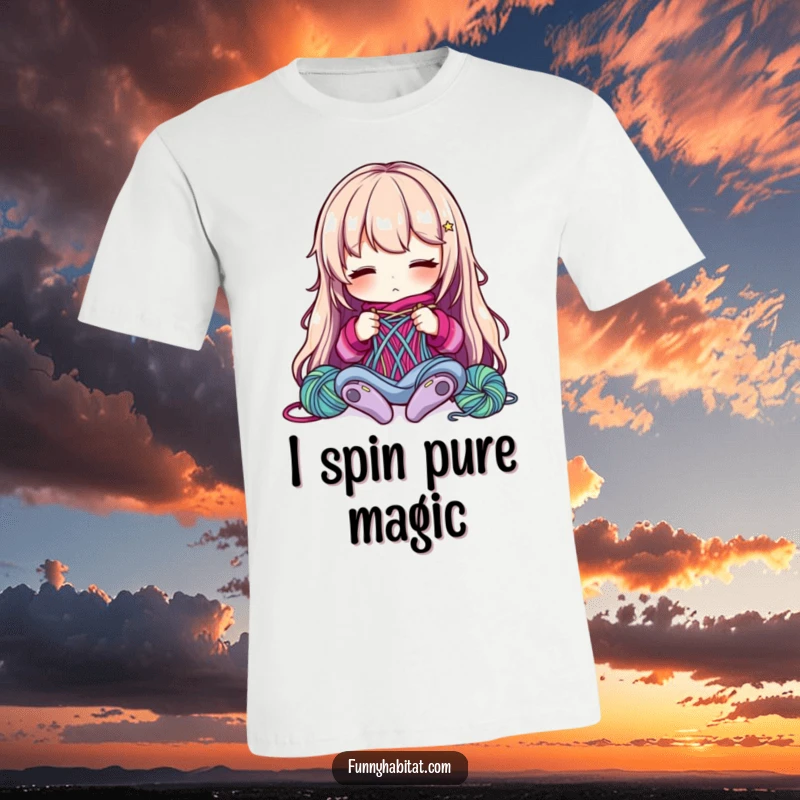 Funny T-Shirt: A character is deeply focused, knitting with bright, multicolored yarn, exemplifying dedication to the craft.