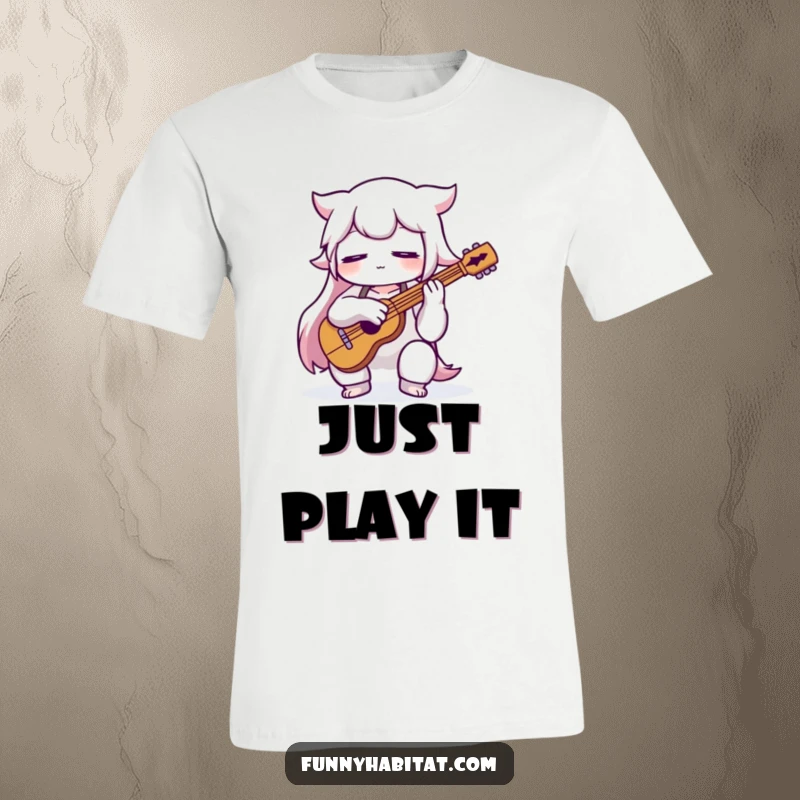 Funny musician t-shirt depicting a character playing an instrument with eyes closed in deep concentration, celebrating musical talent.