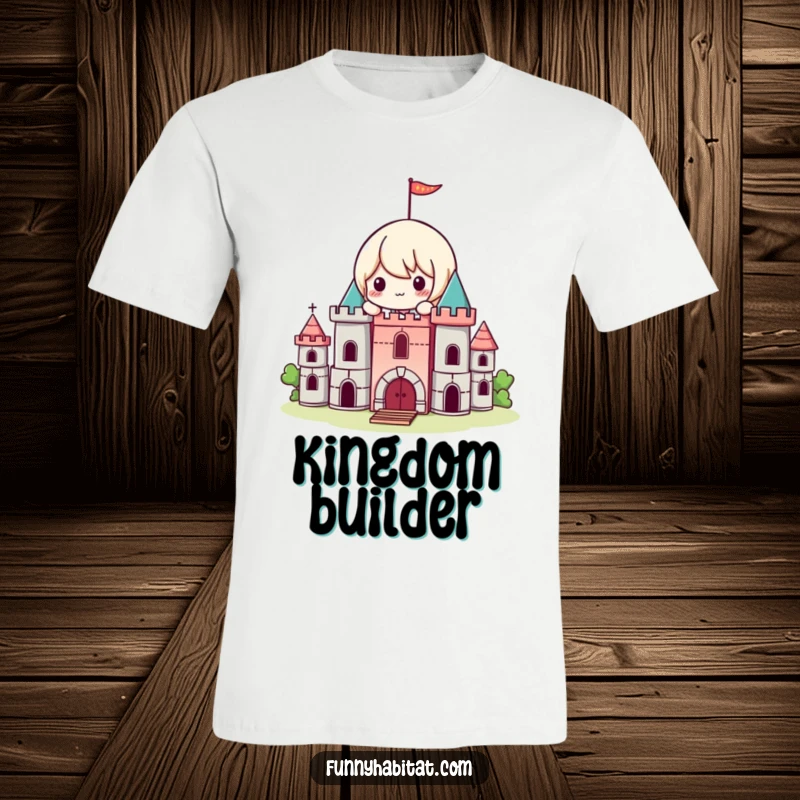 Funny Kawaii T-Shirt, a playful character builds a small castle with blocks, representing imagination and fun.
