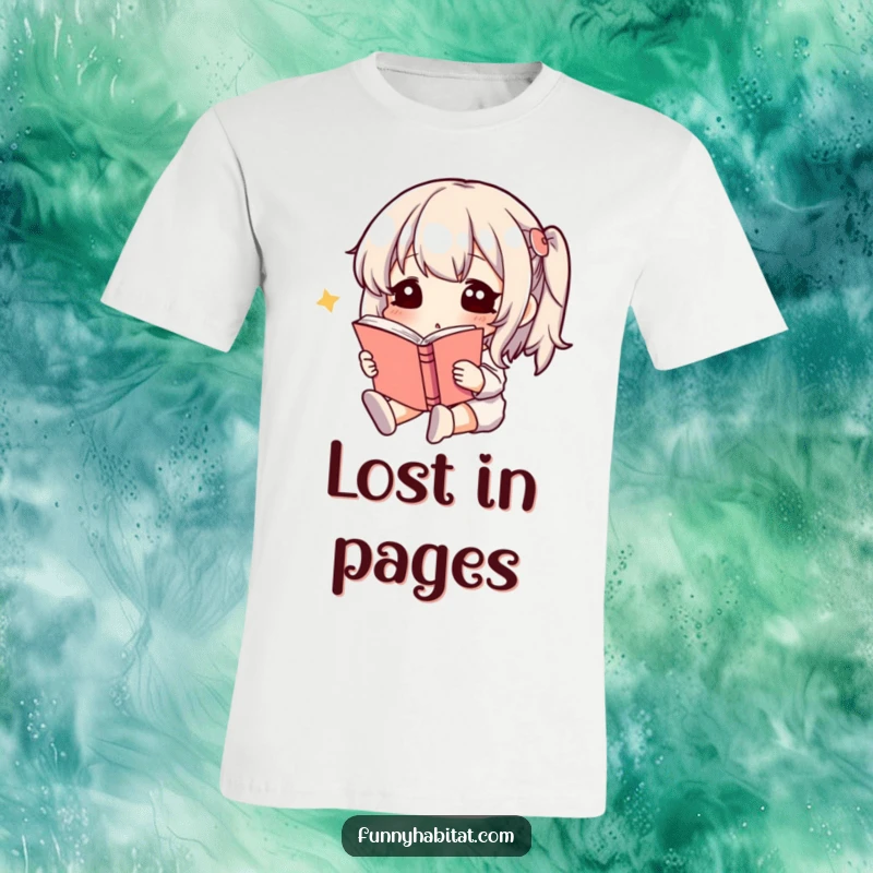 Funny T-Shirt featuring a serene character joyfully absorbed in reading a book, perfect for casual wear and book club meetings.