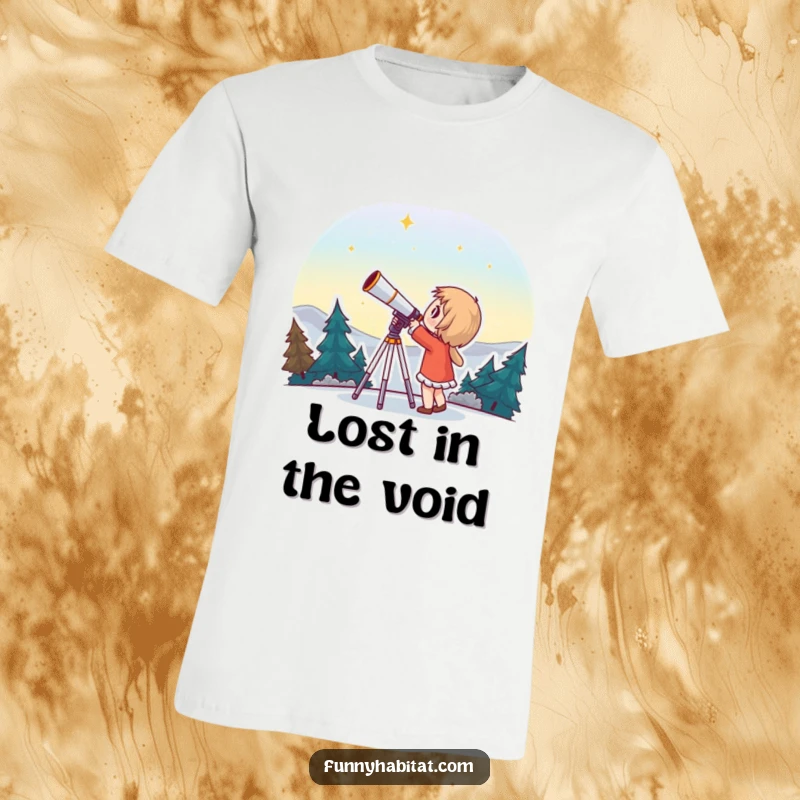 Funny t-shirt of a character looking through a telescope with immense wonder, exploring the vast and beautiful cosmos.