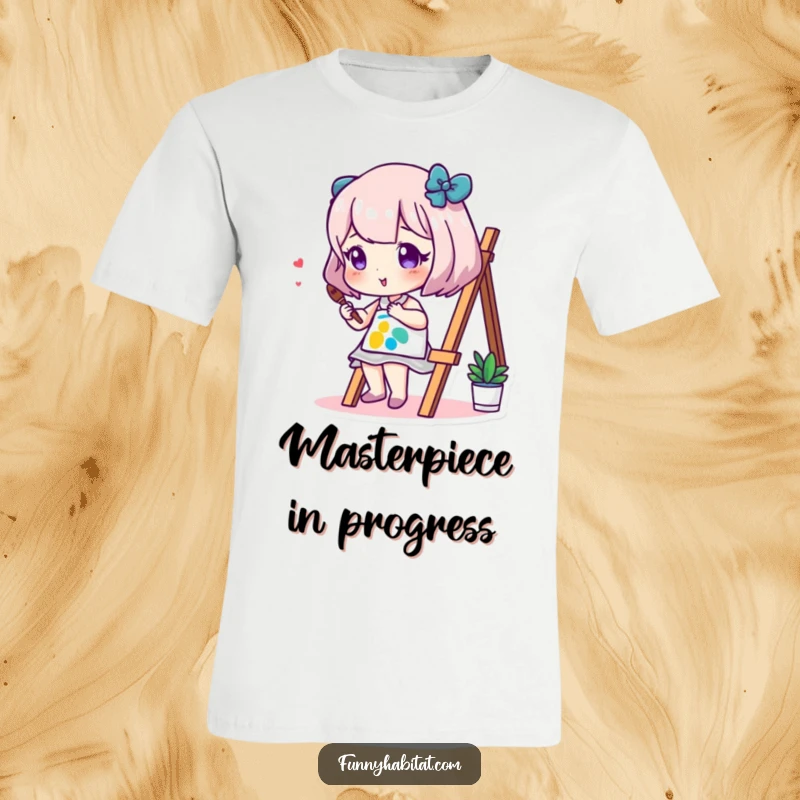 Funny t-shirt with a cheerful character diligently painting a vibrant picture on a mini canvas, radiating artistic joy and humor.