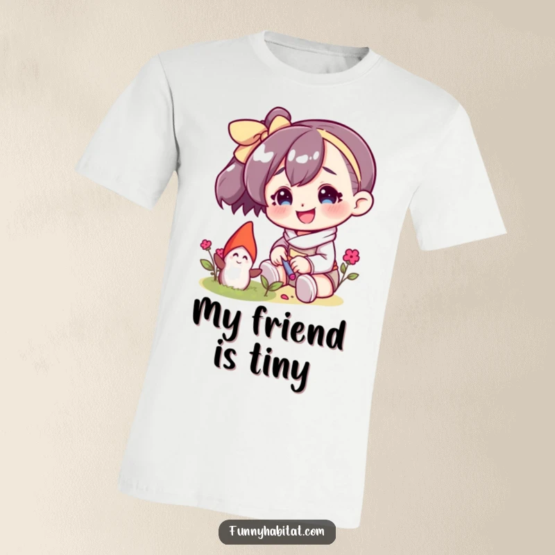 Funny t-shirt with a smiling character gently interacting with a miniature garden gnome, perfect for lovers of quirky and humorous designs.