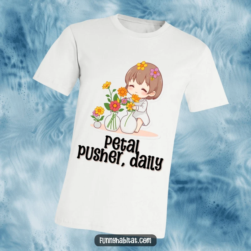 Funny t-shirt showing a character arranging a colorful assortment of flowers in a vase with a gentle smile.
