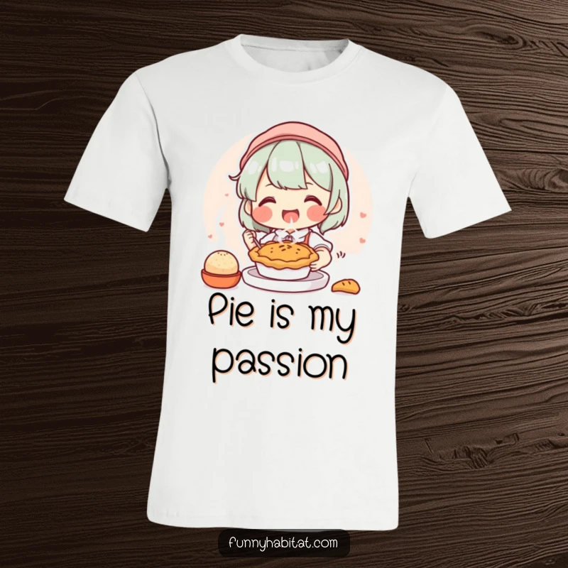 Funny t-shirt with a happy character joyfully baking a small, steaming pie, celebrating the sweet art of baking.