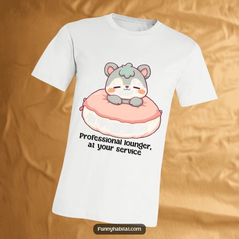 Funny T-Shirt with a contented animal character lounging deeply on a fluffy cushion, embodying ultimate relaxation and happiness.