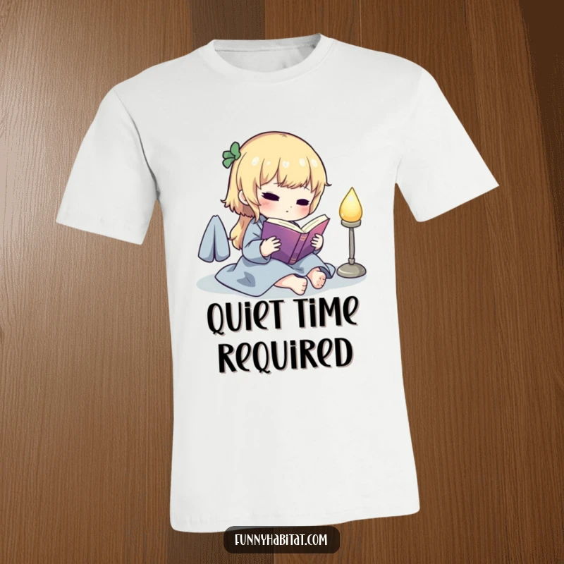Funny t-shirt featuring a cute character absorbed in reading a book next to a gently glowing lamp, a cozy and humorous design.