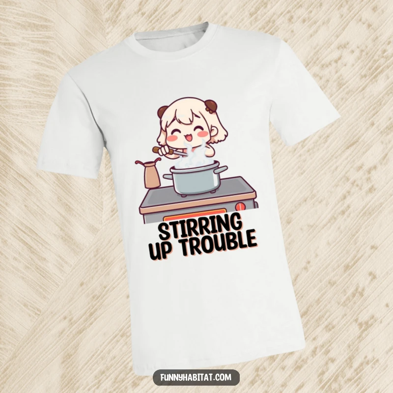Funny T-shirt depicting a character happily stirring a pot at a stove, steam rising, humorous apparel for cooks.