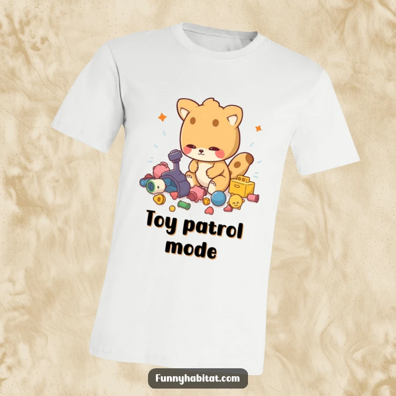Funny t-shirt depicting an energetic animal character tidying scattered toys, perfect for active individuals.