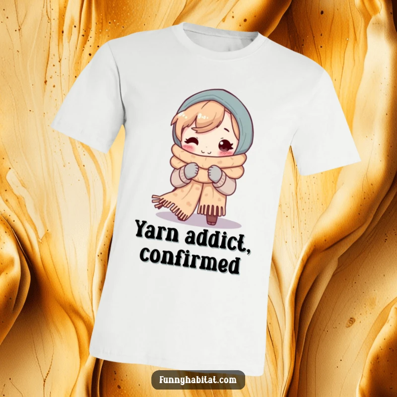 Funny t-shirt depicting a smiling character engrossed in knitting a long, cozy scarf, radiating warmth and contentment.