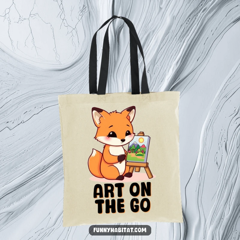 Funny fox character painting a colorful landscape on a tiny canvas, a practical and humorous tote bag for artists.