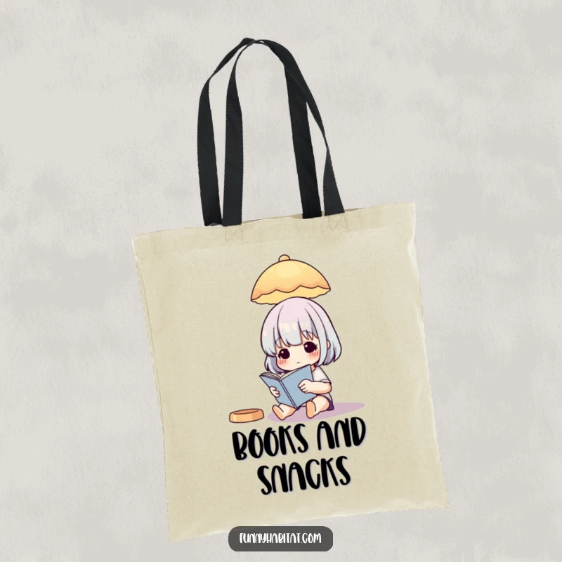 Funny Tote Bag: Adorable character reading under a soft illustrated lamp, perfect for carrying books.