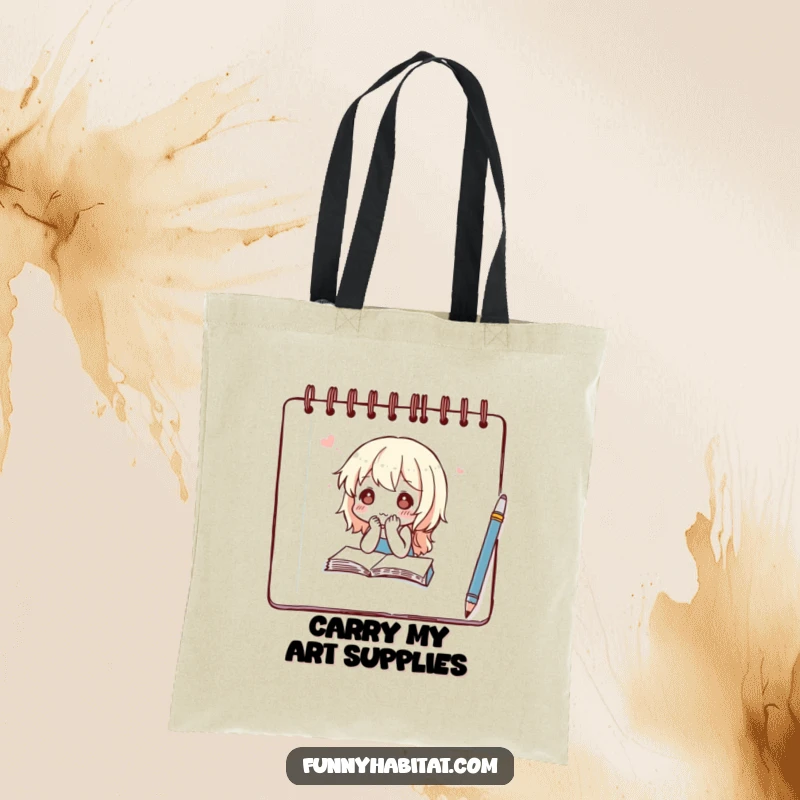 Funny tote bag depicting a character with a thoughtful expression sketching in a notebook, ideal for carrying art supplies.